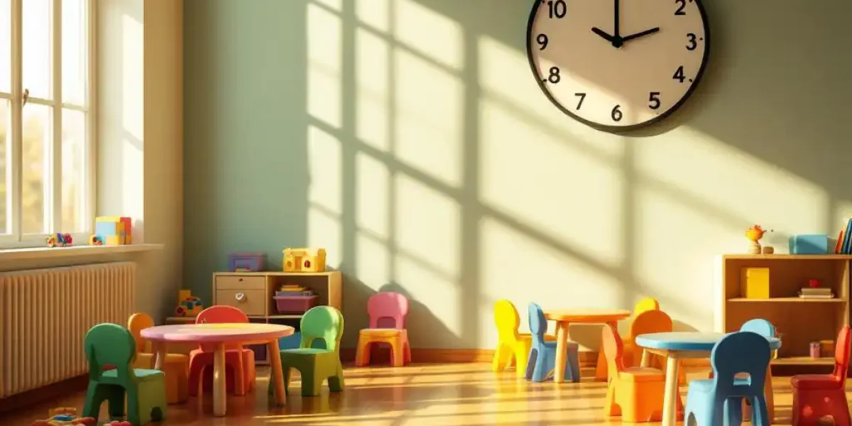 Grote klok toont 7:30 in warme kinderdagverblijf klas met kleurrijke tafels en stoelen in ochtendlicht